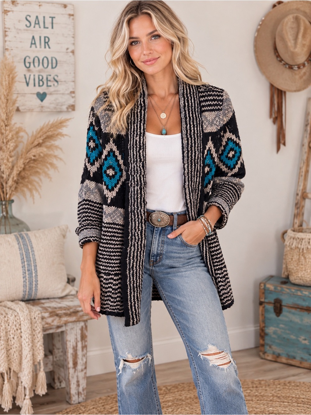 Pink Republic Black Gray & Teal Geometric Open-Front Cardigan